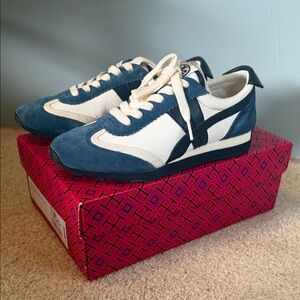 Tory Burch Hank Sneakers – Nylon & Suede – Snow White / Bright Navy – Worn Once